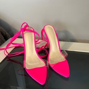 Hot Pink clear toe strap tie up high heels